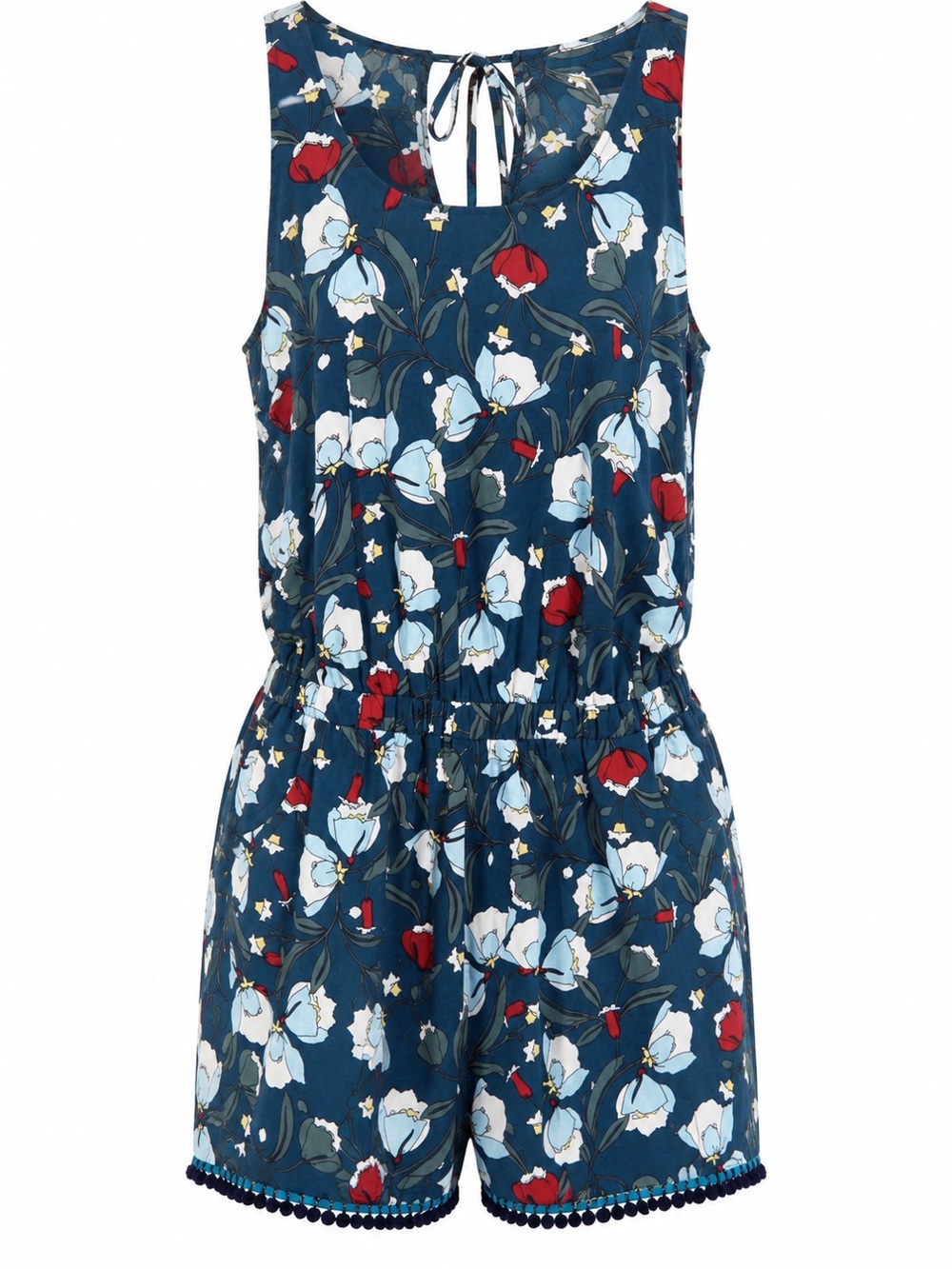 Joy Joy Floral Tassel Romper Blue Sleeveless Pockets Size L